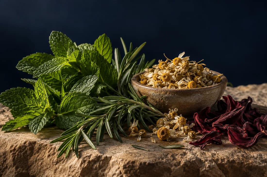 Fresh mint and rosemary with dried chamomile flowers and hibiscus botanicals