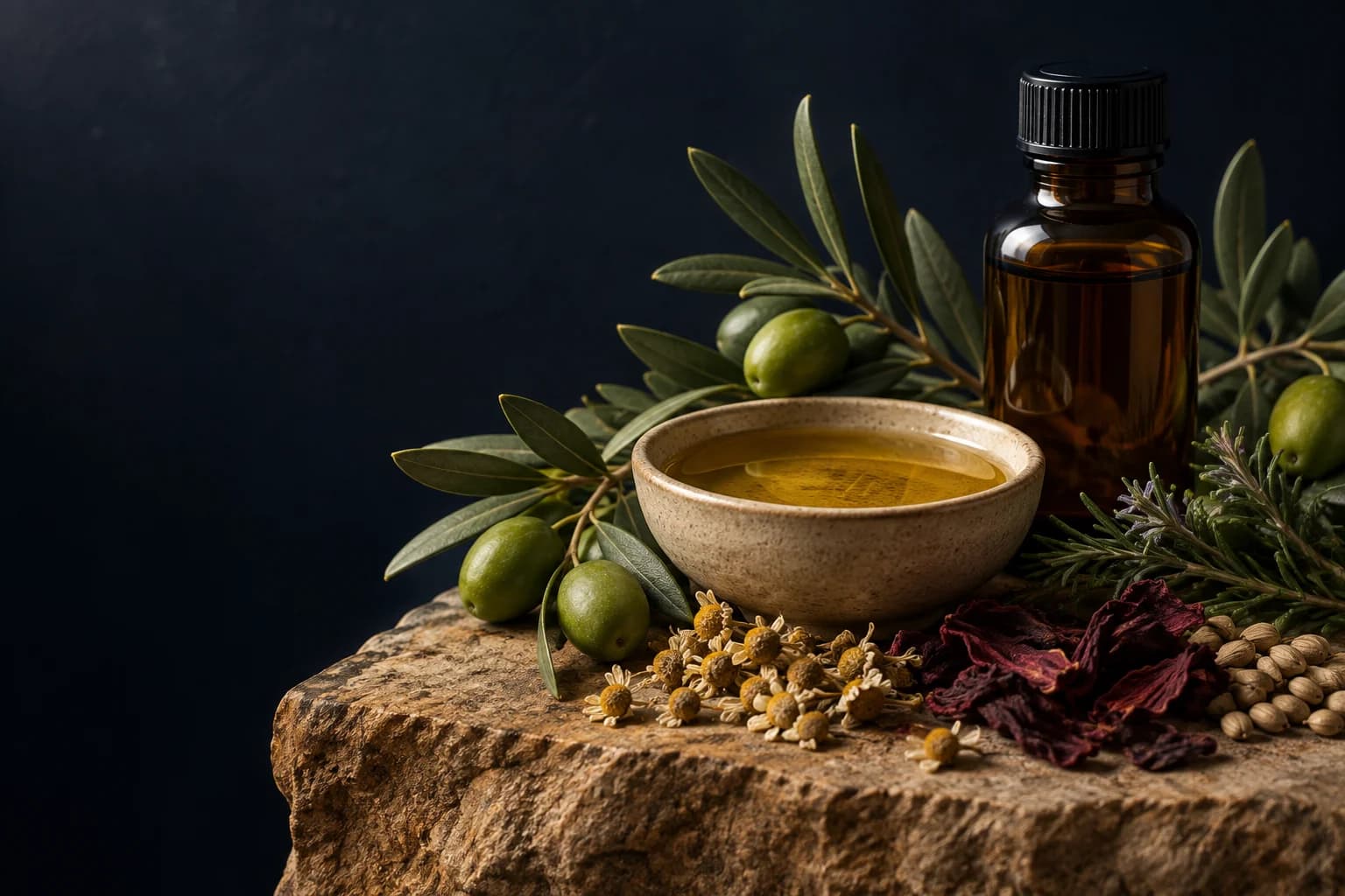 Natural oils, olive branches, and dried botanicals arranged on sandstone