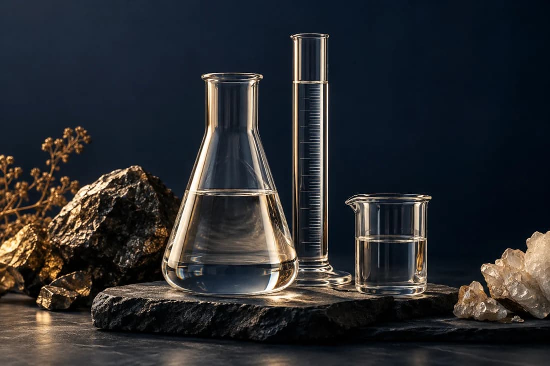 Clear laboratory glassware arranged on a dark slate surface